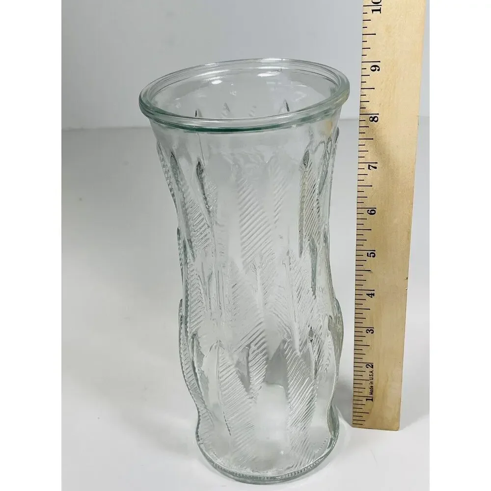 Vintage E O Brody Clear Glass Feather and Dart Pattern‎ Vase 8.5” Tall 1960’s